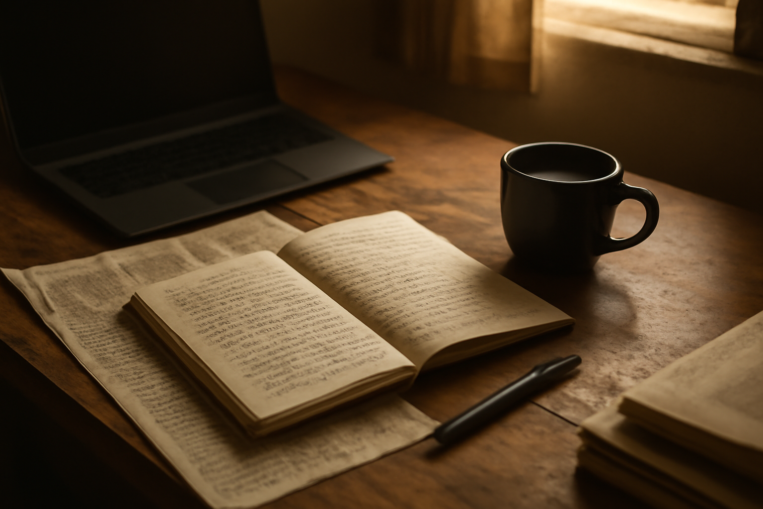 Meja kayu dengan buku catatan, potongan halaman opini surat kabar, dan cangkir kopi saat menulis opini untuk media massa