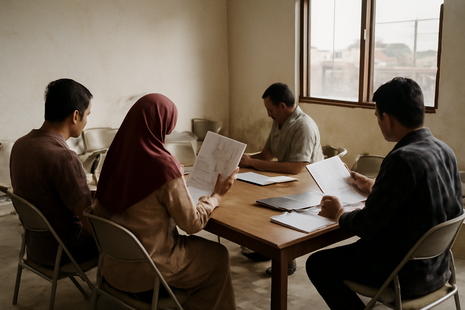Warga membaca dokumen anggaran dalam pertemuan kecil di balai lingkungan