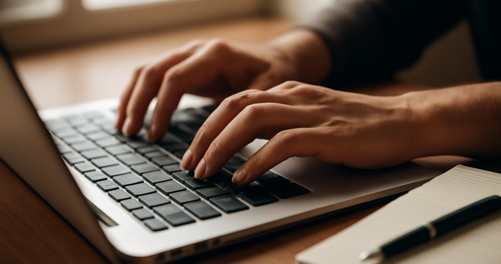 Tangan menulis di laptop dengan buku catatan di sampingnya