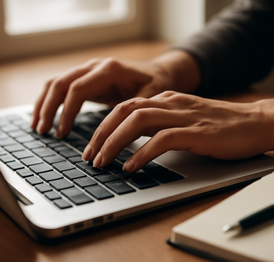 Tangan menulis di laptop dengan buku catatan di sampingnya