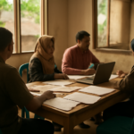 Warga berdiskusi di ruang pertemuan dengan tumpukan dokumen dan buku catatan untuk advokasi isu lingkungan
