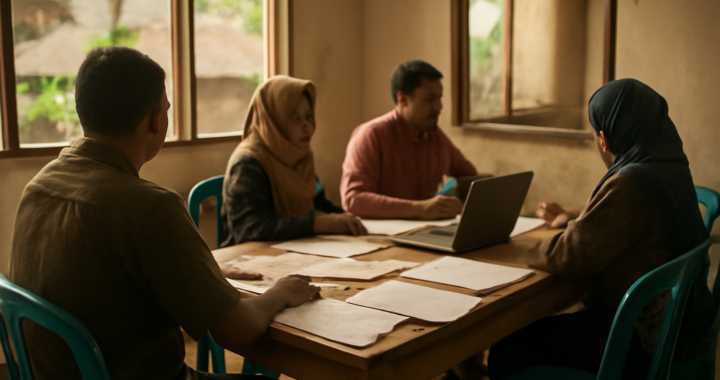 Warga berdiskusi di ruang pertemuan dengan tumpukan dokumen dan buku catatan untuk advokasi isu lingkungan