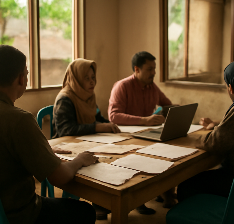 Warga berdiskusi di ruang pertemuan dengan tumpukan dokumen dan buku catatan untuk advokasi isu lingkungan