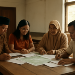 Warga sedang menyusun laporan bersama di balai komunitas