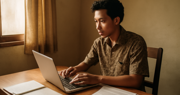 Penulis muda sedang menulis esai opini sosial di meja kerjanya