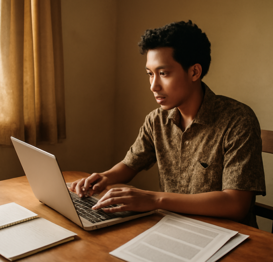 Penulis muda sedang menulis esai opini sosial di meja kerjanya
