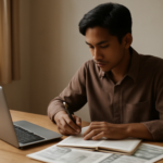 Seseorang sedang menulis catatan untuk esai opini sosial di meja kayu