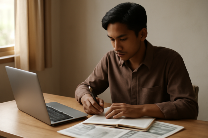 Seseorang sedang menulis catatan untuk esai opini sosial di meja kayu