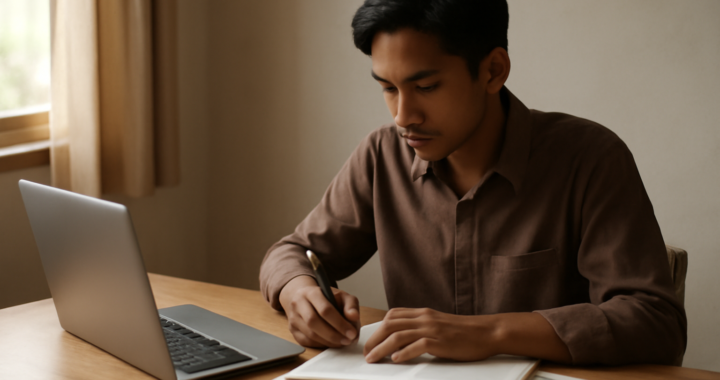 Seseorang sedang menulis catatan untuk esai opini sosial di meja kayu
