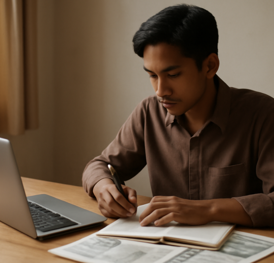 Seseorang sedang menulis catatan untuk esai opini sosial di meja kayu